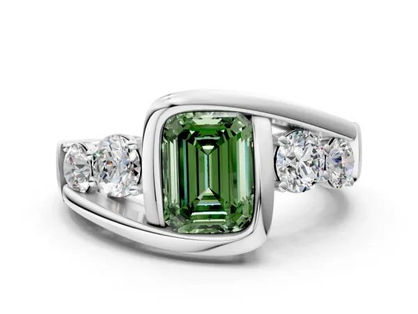 Fancy Green Bezel Set Emerald Cut Diamond Bypass Ring with Round Accents Platinum