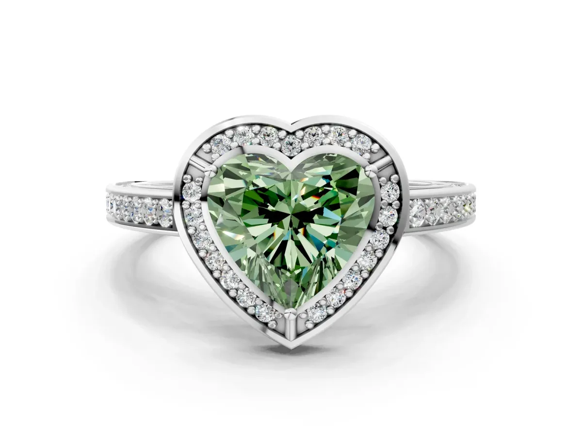 Fancy Green Heart Cut Cut Halo Pave Split Shank Prong Setting Ring Platinum