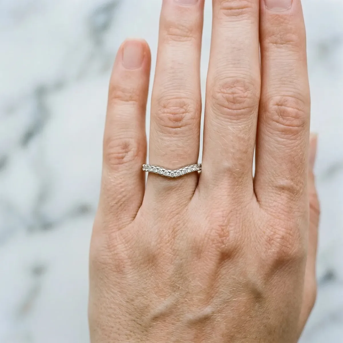 Pavé Round Diamond Curved Wedding Band Platinum
