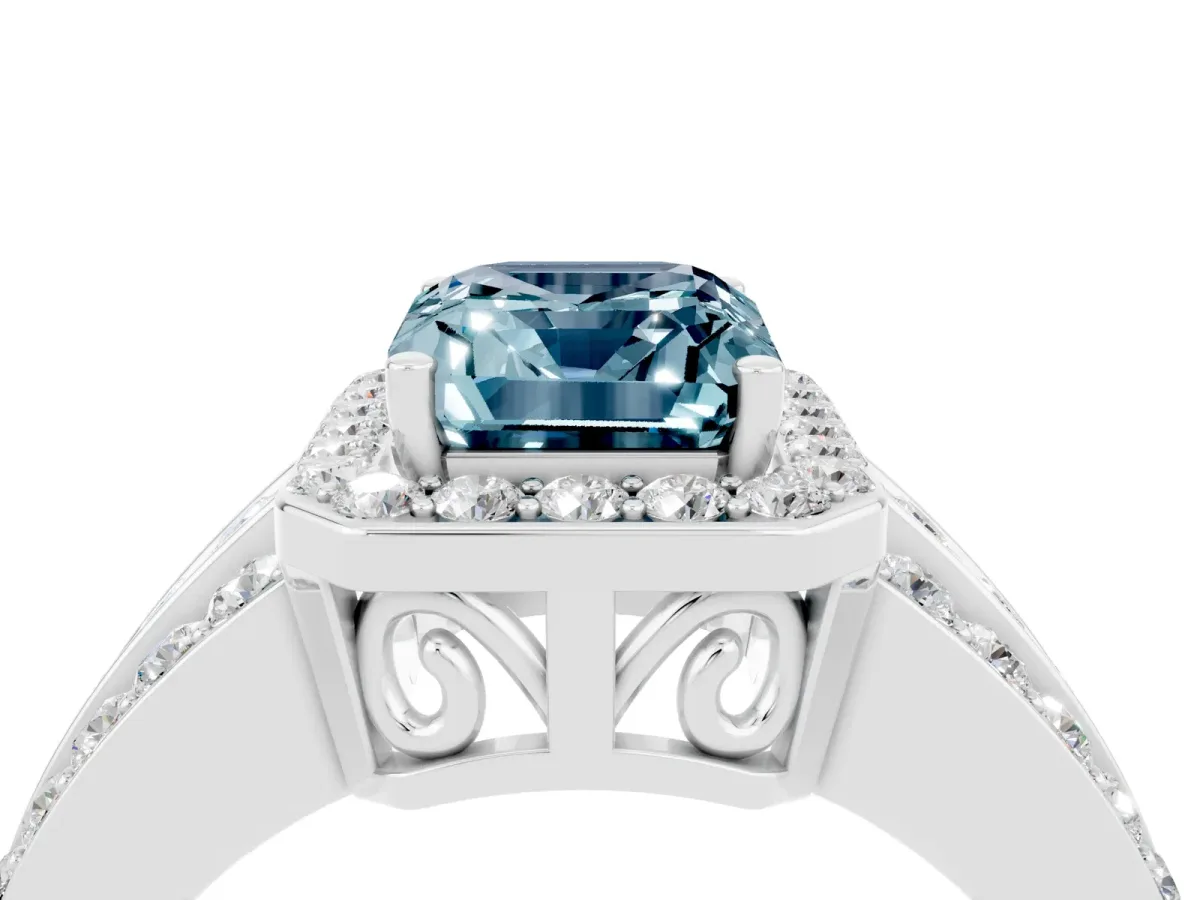Emerald Cut Halo Aquamarine Ring with Round Split Shank and Prong Setting Silver
