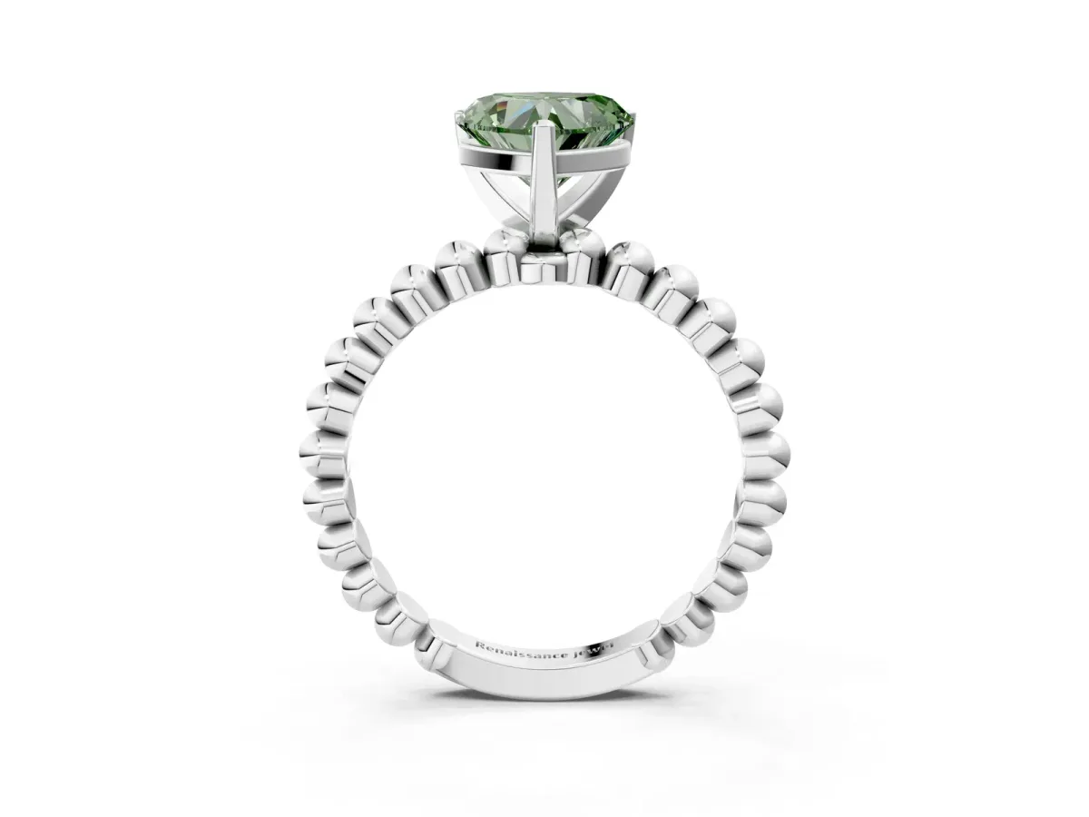 Fancy Green Heart Cut Diamond Solitaire Ring with Beaded Band and Prong Setting Silver
