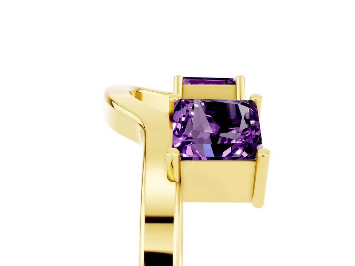 Princess Cut Amethyst Two-Stone Open Band Ring with Four-Prong Setting Yellow gold