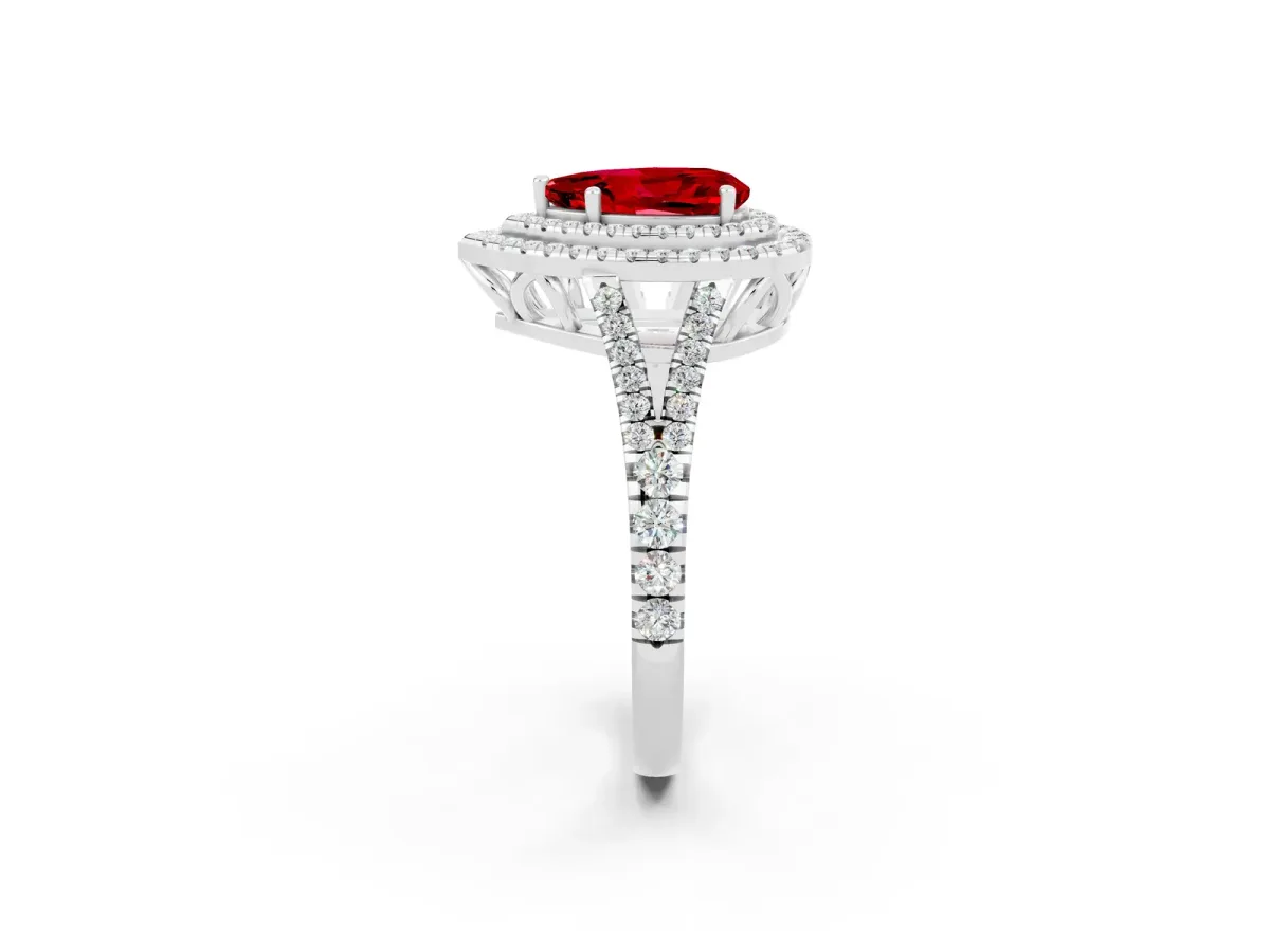Pear Cut Ruby Double Halo Ring with Pavé Band and Prong Setting Silver