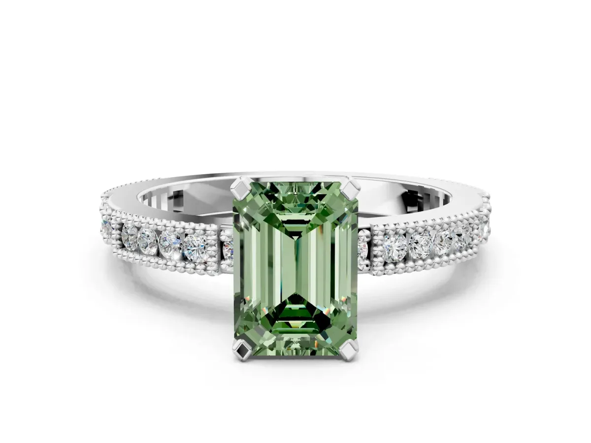 Fancy Green Emerald Cut Solitaire with Pavé Band and Four-Prong Setting Silver