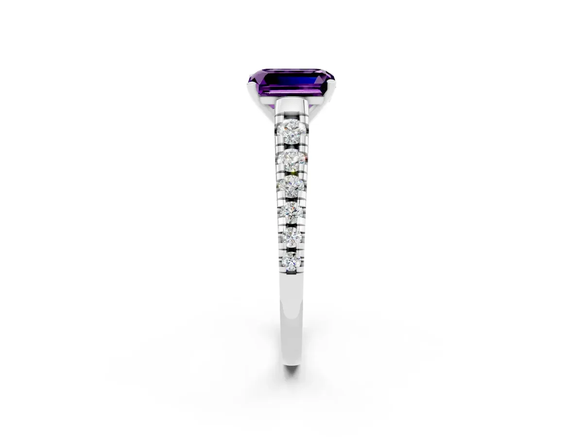 Emerald Cut Amethyst Cathedral Solitaire Ring with Round Pavé Band Platinum