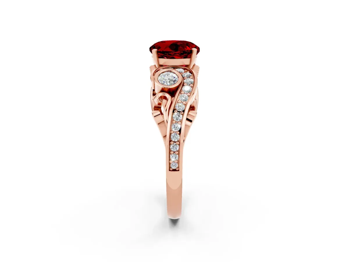 Round Cut Ruby Solitaire Ring with Milgrain Pavé Band and Four-Prong Setting Rose gold