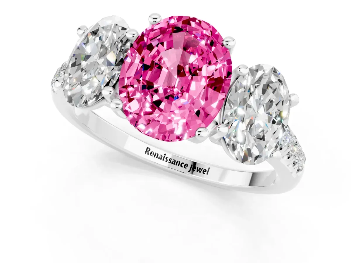 Three-Stone Oval Cut Pink Sapphire Ring with Round Pavé Band and Prong Setting Silver