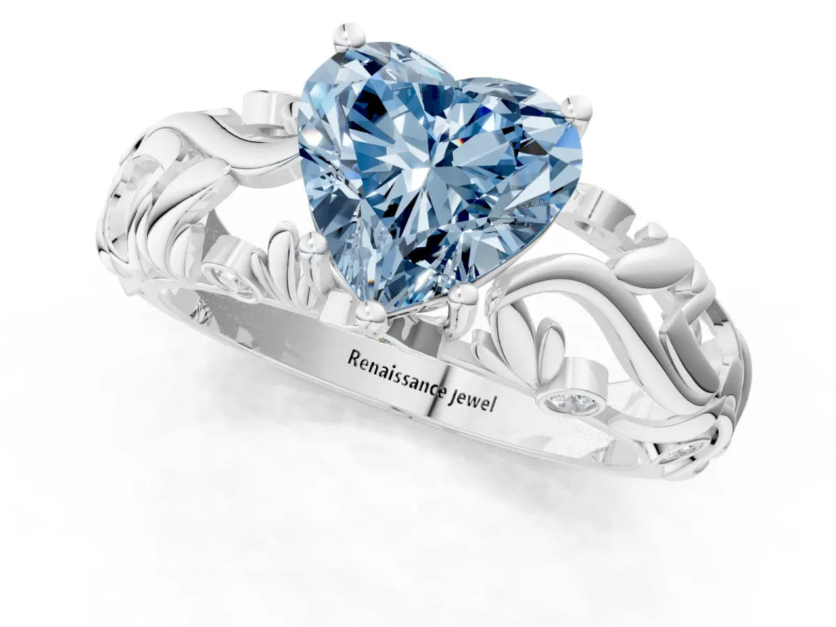 Fancy Blue Heart Cut Solitaire Diamond Leaf-Inspired Vine Band Ring with Prong Setting Platinum