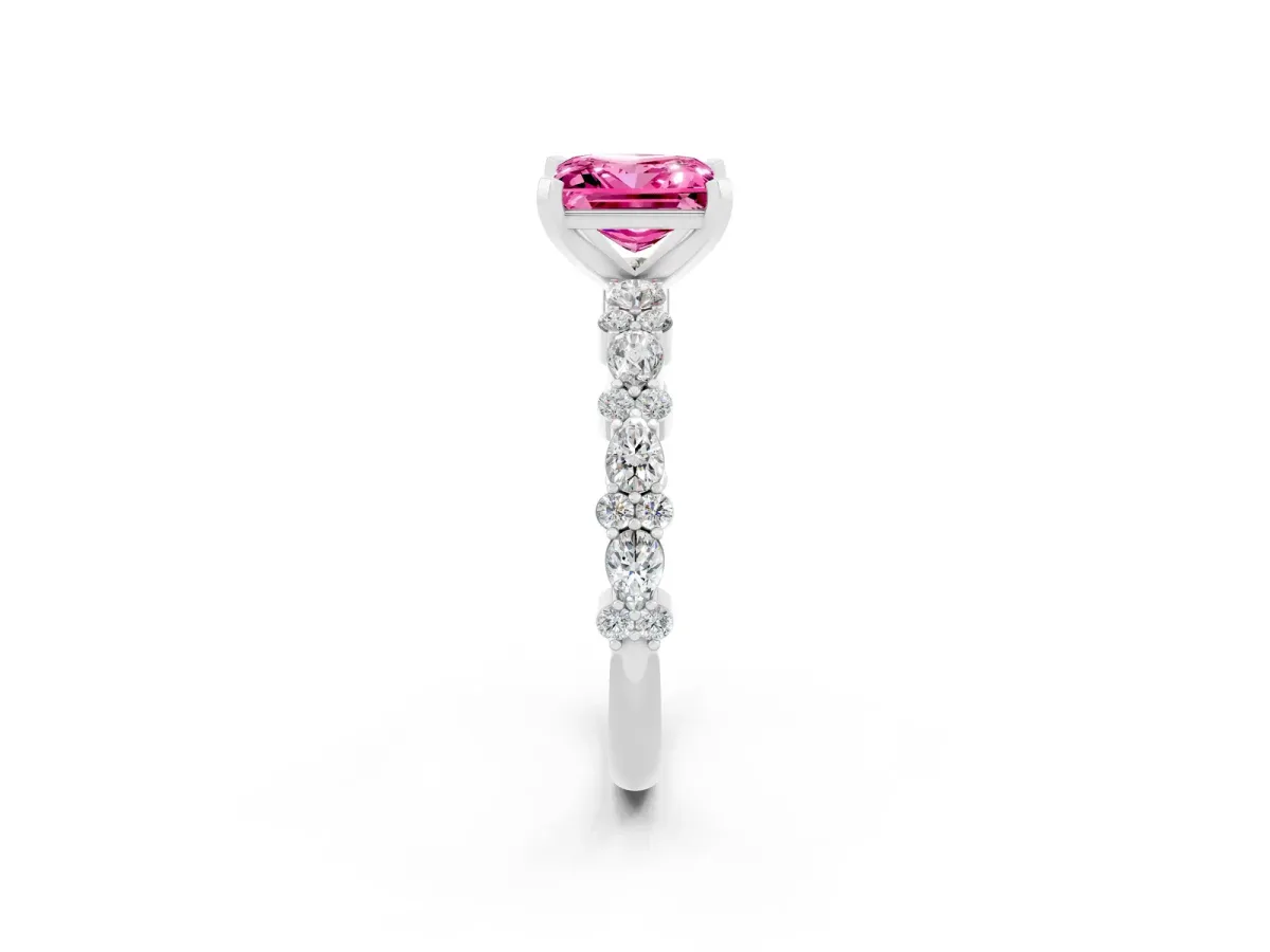 Princess Cut Pink Sapphire Side Stone Solitaire Ring with Round and Four-Prong Setting Silver