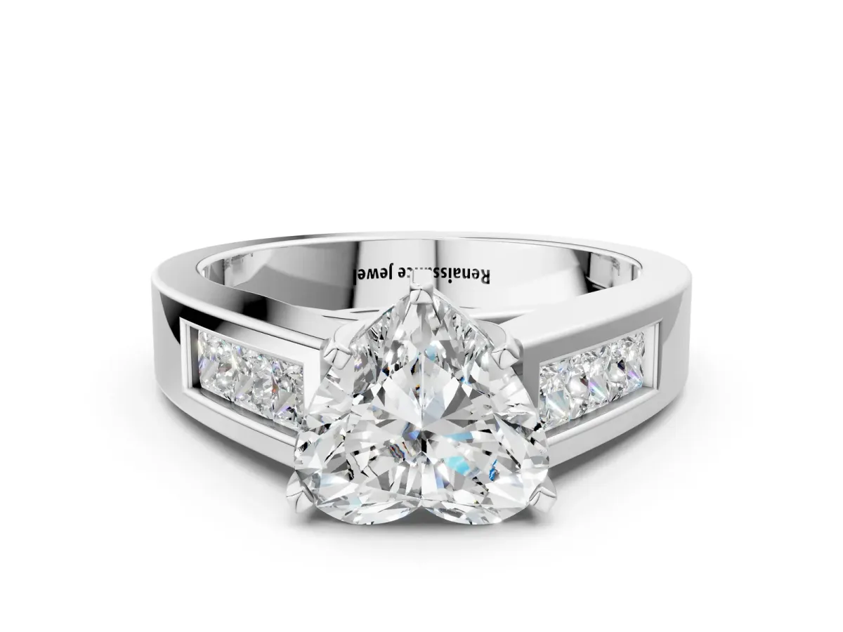 Heart Cut Cut Channel Set Solitaire Ring with Four-Prong Setting Platinum