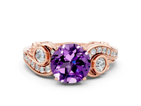 Round Cut Amethyst Solitaire Ring with Milgrain Pavé Band and Four-Prong Setting Rose gold