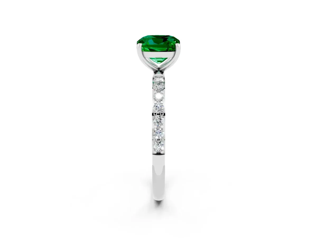 Cushion Cut Emerald Solitaire Ring with Round Pavé Band and Prong Setting Silver