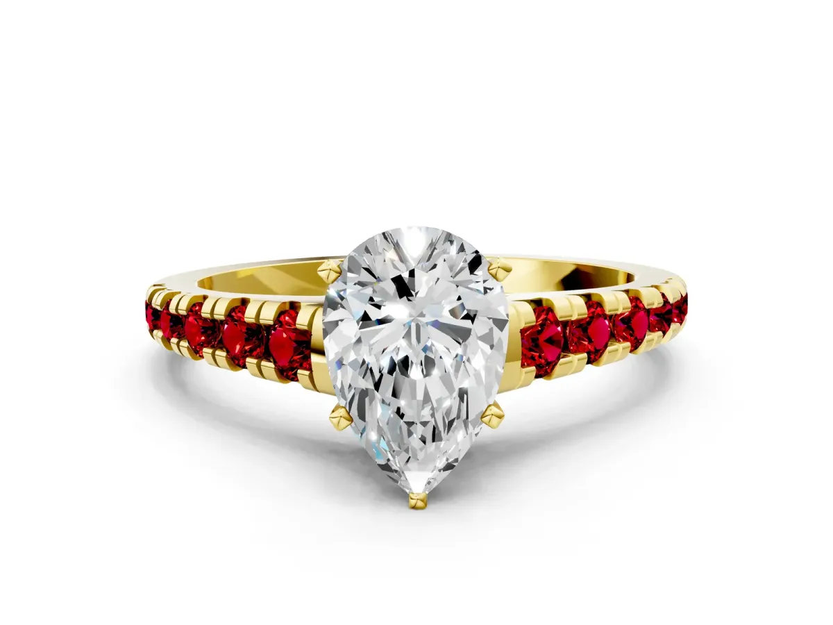 Pear Cut Diamond Cathedral Solitaire Ring with Round Ruby Pavé Band Yellow gold