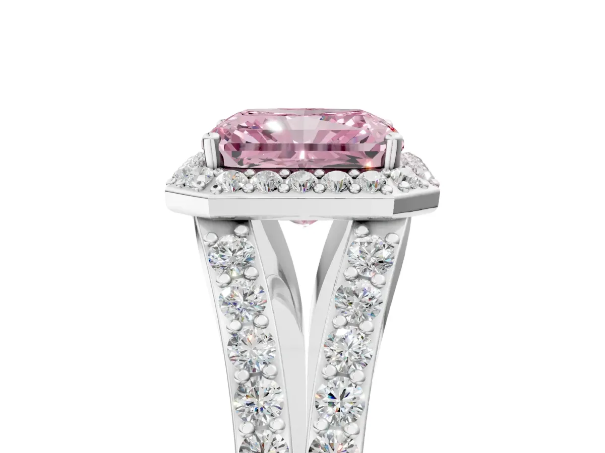 Fancy Pink Radiant Cut Diamond Split Shank Halo Ring with Four-Prong Setting Platinum