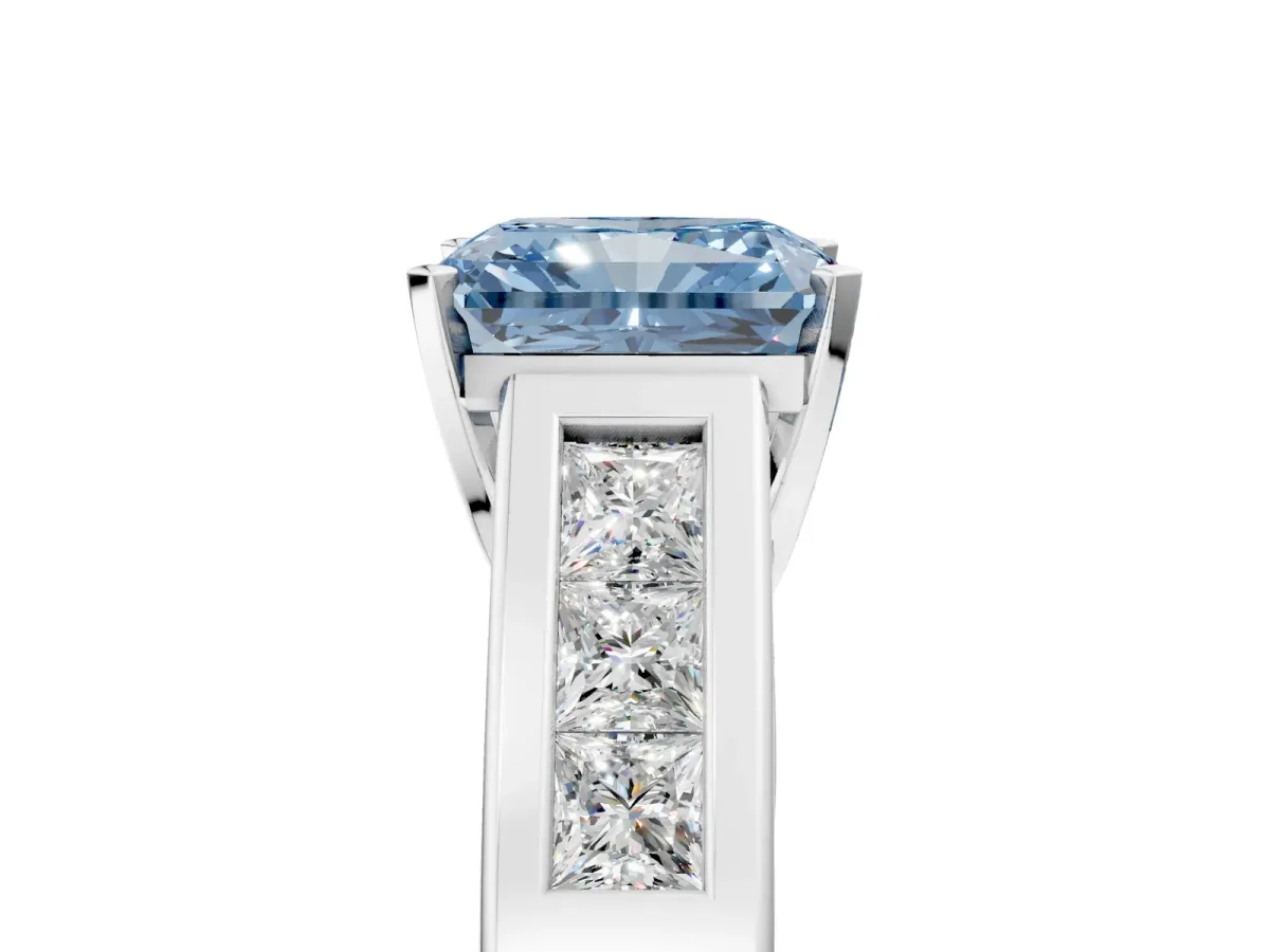Fancy Blue Radiant Cut Cut Channel Set Solitaire Ring with Four-Prong Setting Platinum