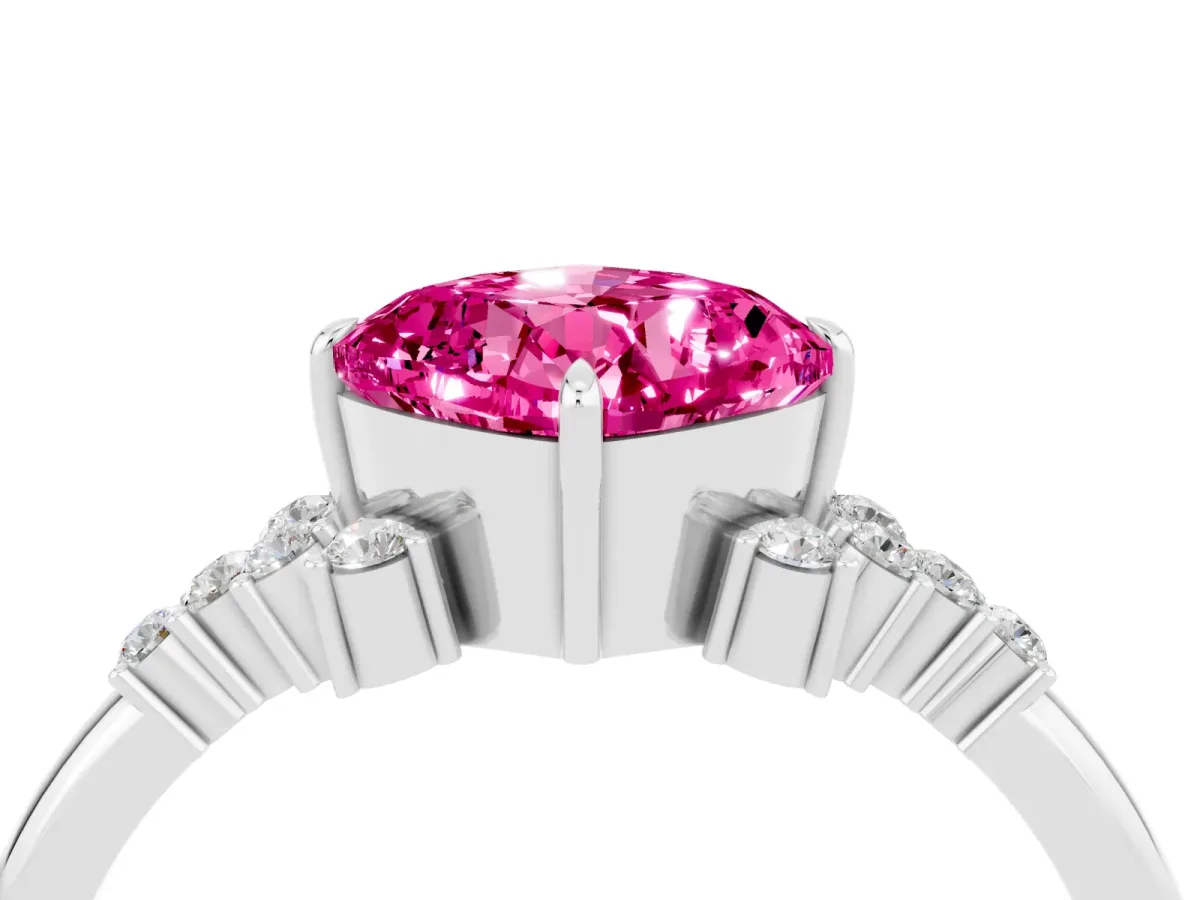 Cushion Cut Pink Sapphire Ring with Side Stones and Four-Prong Setting Silver
