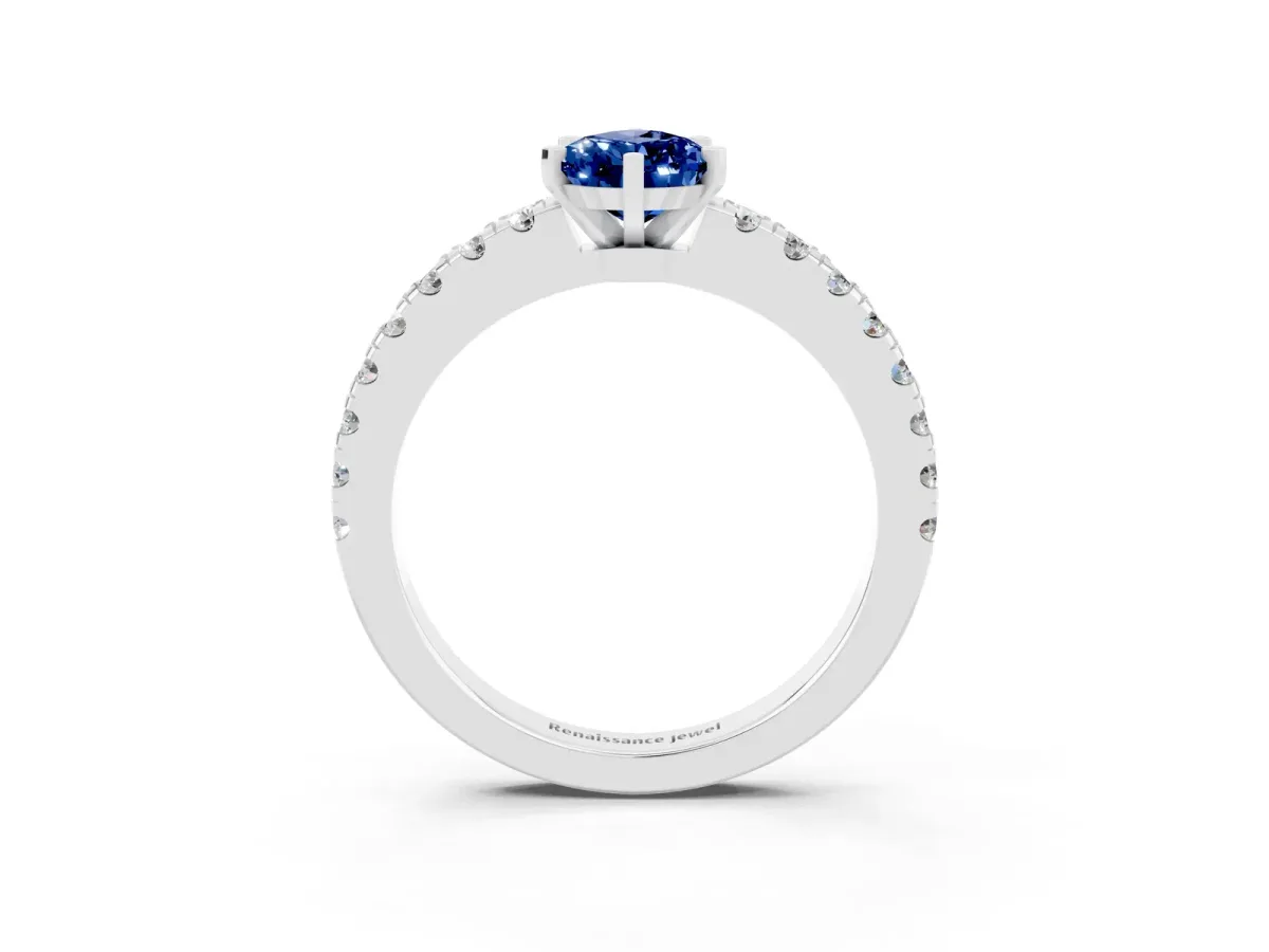 Pear Cut Solitaire Blue Sapphire with Pavé Band and Four-Prong Setting Silver