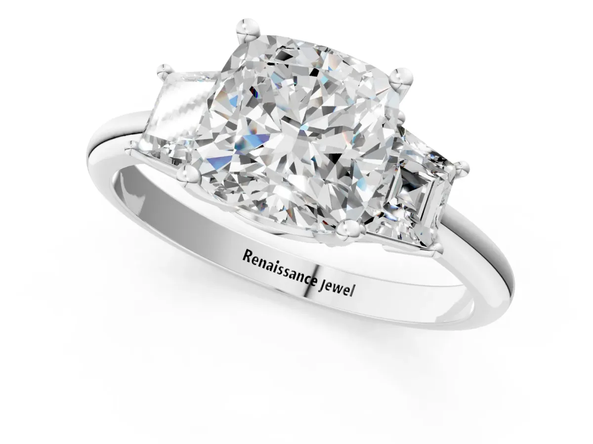 Cushion Cut Diamond Three-Stone Ring with Trapezoid Side Stones and Prong Setting White gold