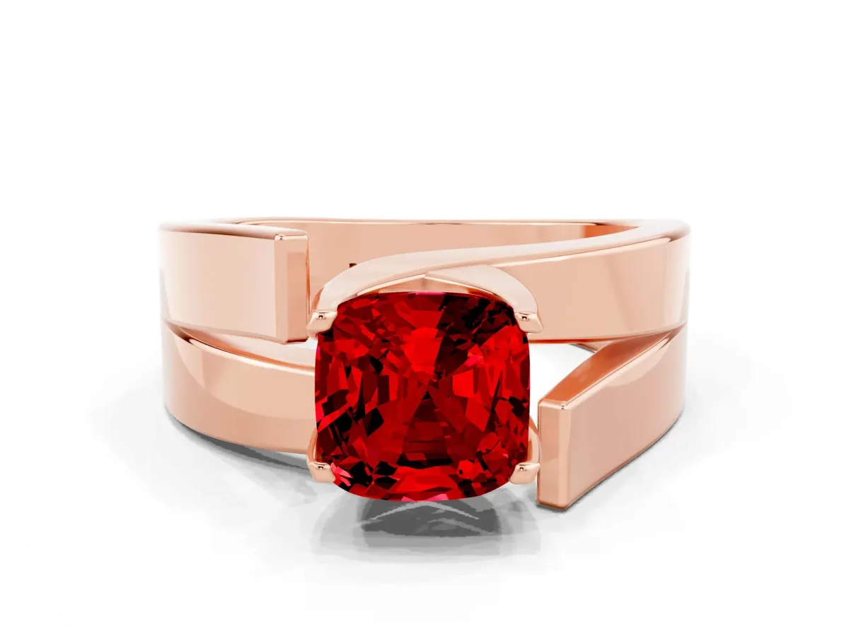 Modern Tension Set Cushion Cut Ruby Solitaire Wide Band Ring Rose gold