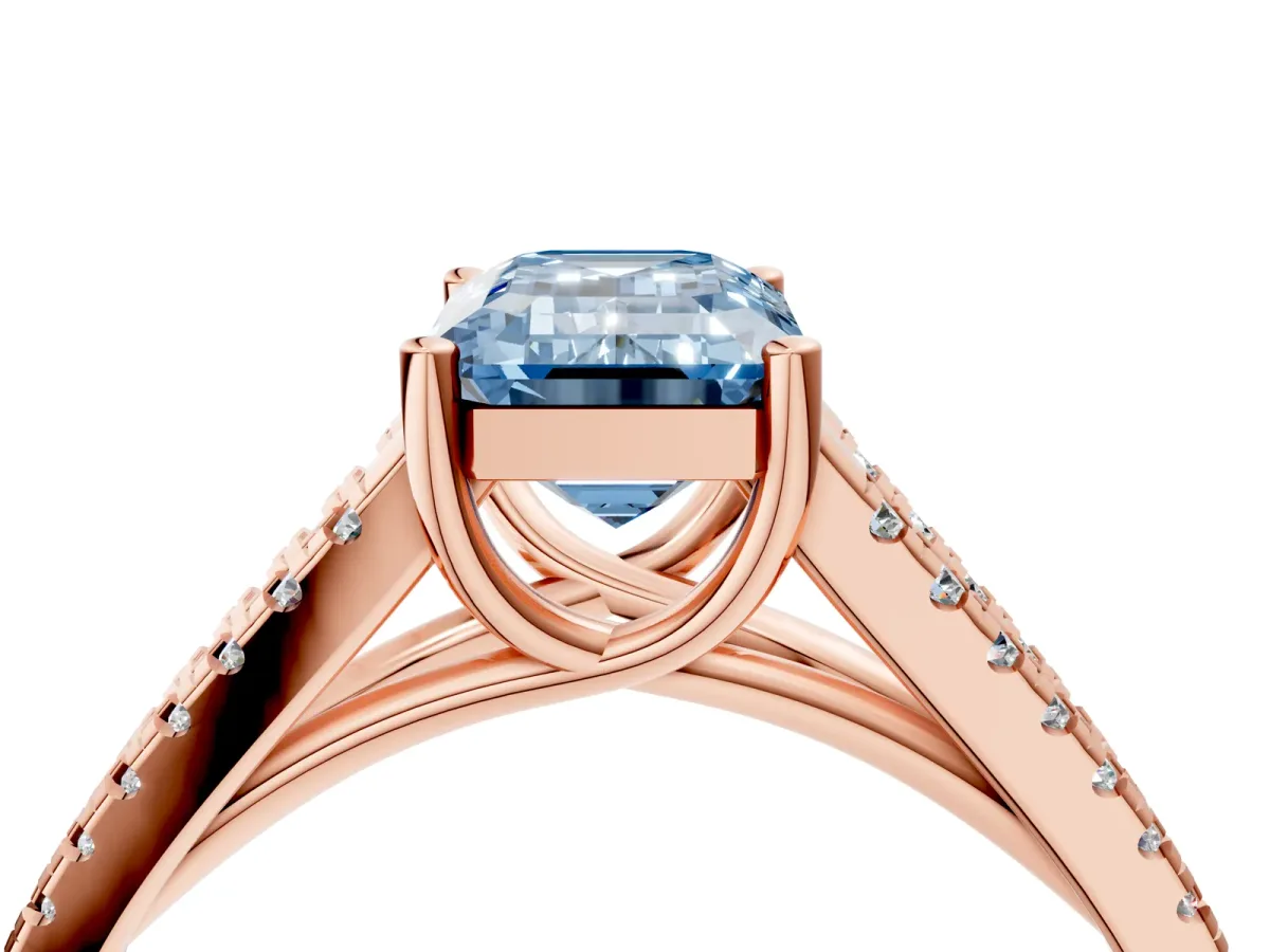 Fancy Blue Emerald Cut Diamond Solitaire Engagement Ring with Split Shank Pavé Band Rose gold