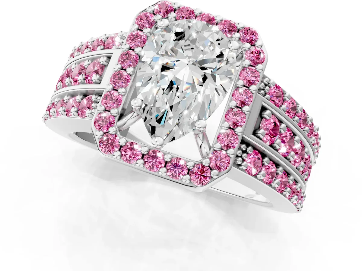 Pear Cut Halo Diamond Ring with Round Pink Sapphire Split Shank and Prong Setting Silver