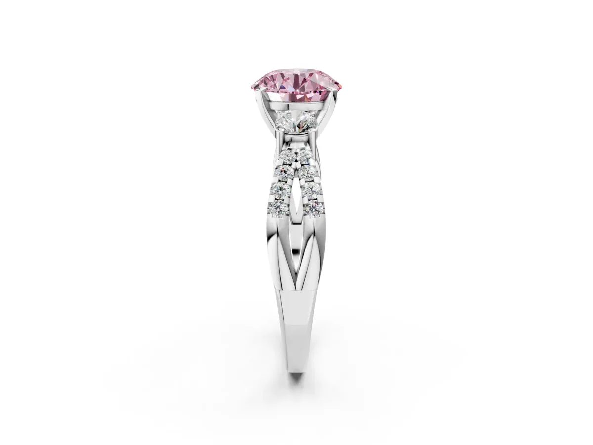 Fancy Pink Round Cut Diamond Three-Stone Ring with Pavé Split Shank and Four-Prong Setting Silver