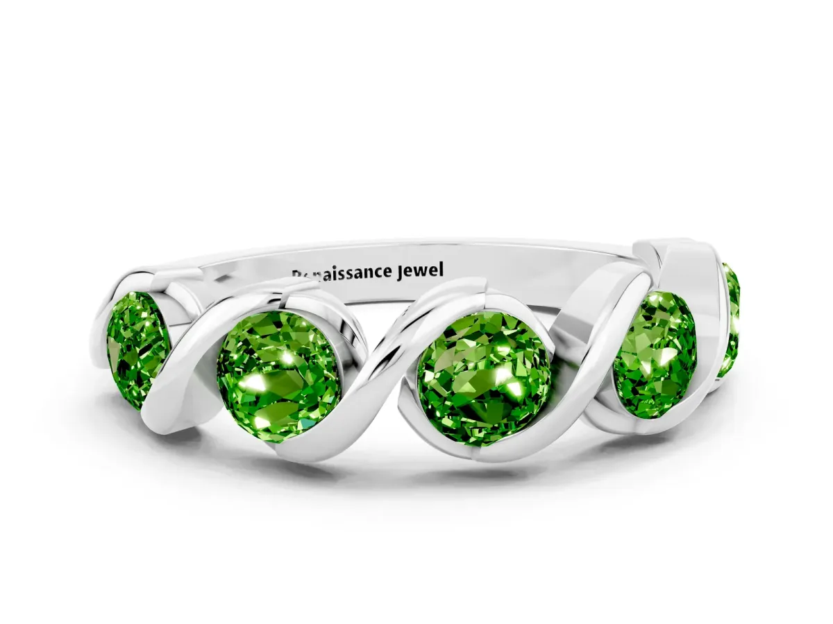 Round Peridot Wave Band with Channel Setting and Shared Prongs Silver