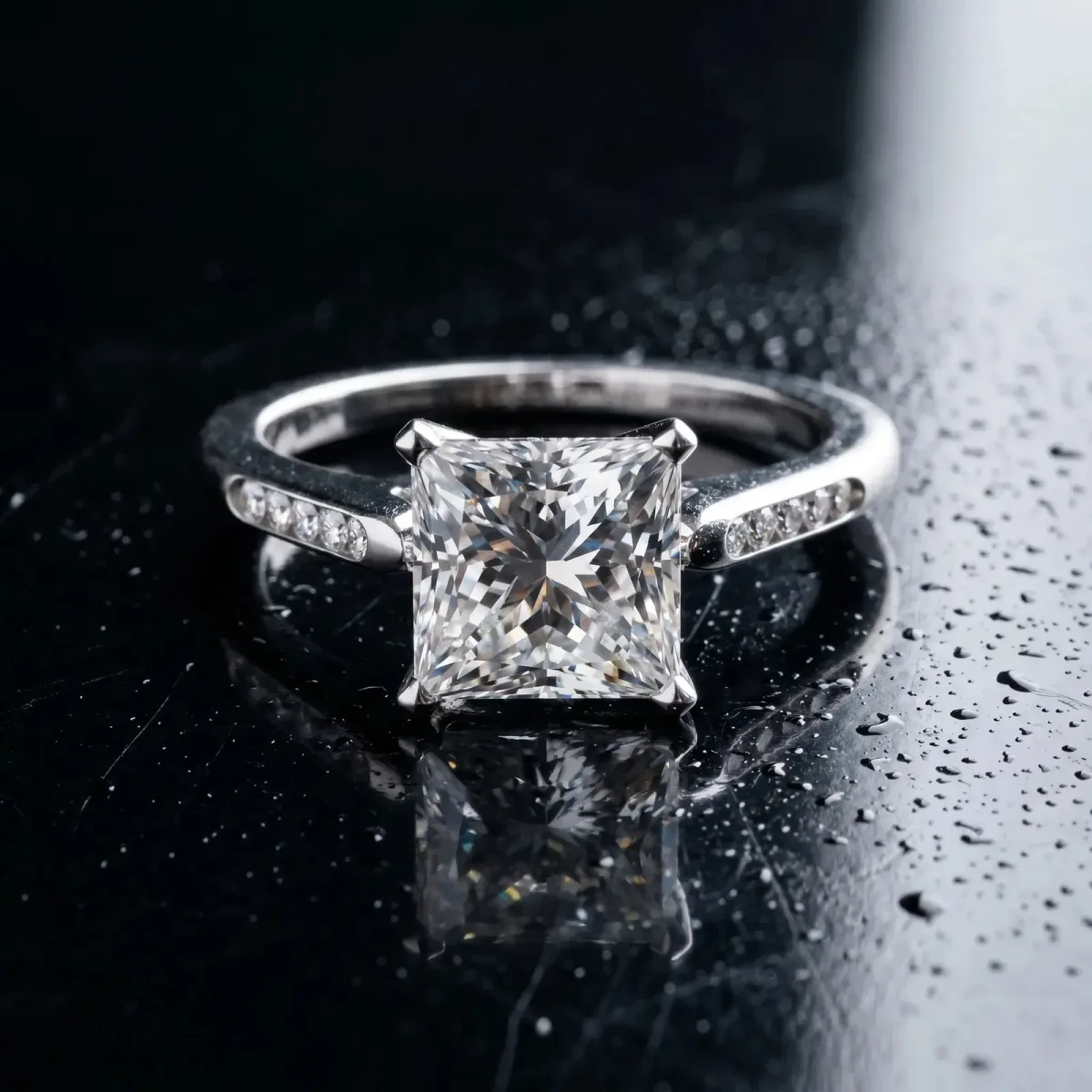 Princess Cut Diamond Solitaire Ring with Channel Set Round Band and Prong Setting Silver