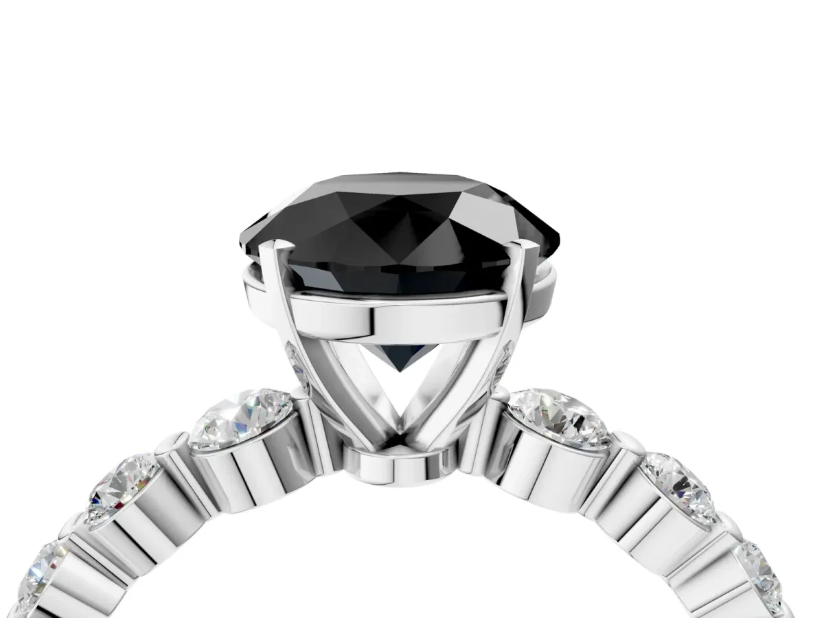 Fancy Black Round Cut Solitaire Diamond Ring with Pave Band and Four-Prong Setting Silver