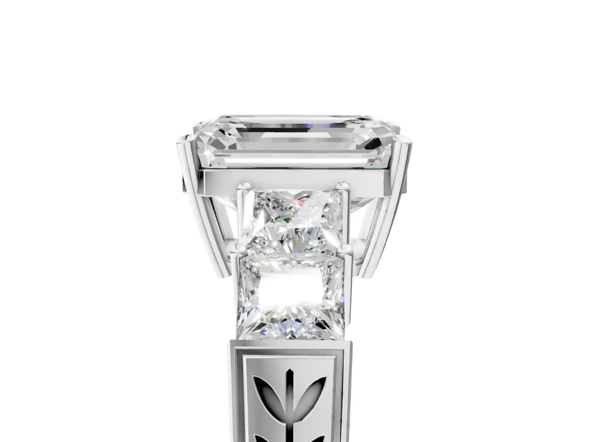 Emerald Cut Solitaire Princess Side Stone Engraved Band Prong Setting Ring Silver