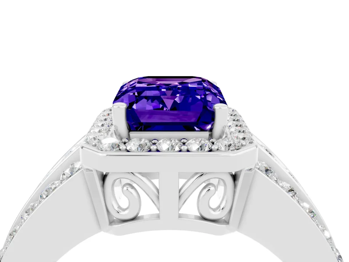 Emerald Cut Halo Tanzanite Ring with Round Split Shank and Prong Setting Silver