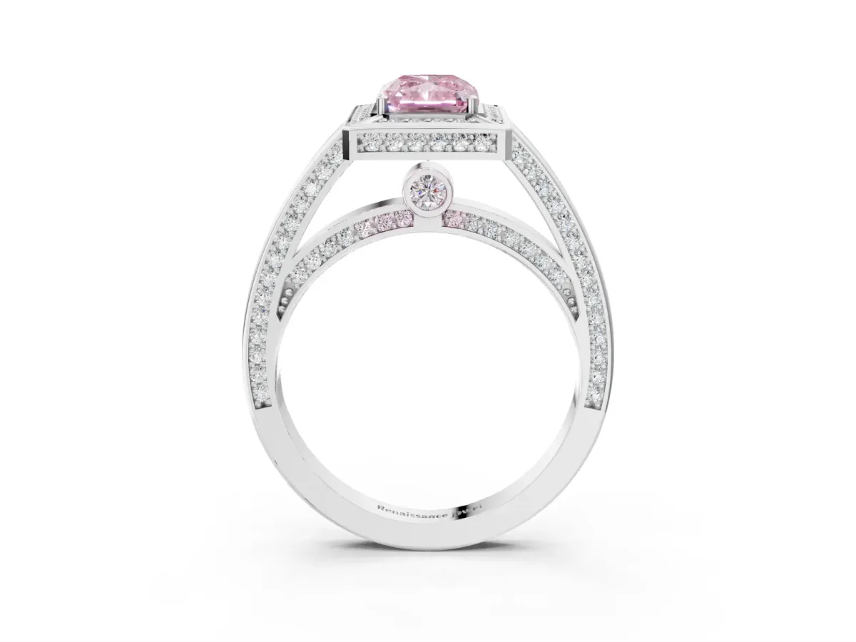 Fancy Pink Radiant Cut Cut Halo Pave Split Shank Prong Setting Ring Platinum