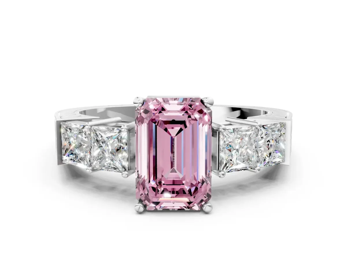 Fancy Pink Emerald Cut Solitaire Princess Side Stone Engraved Band Prong Setting Ring Platinum
