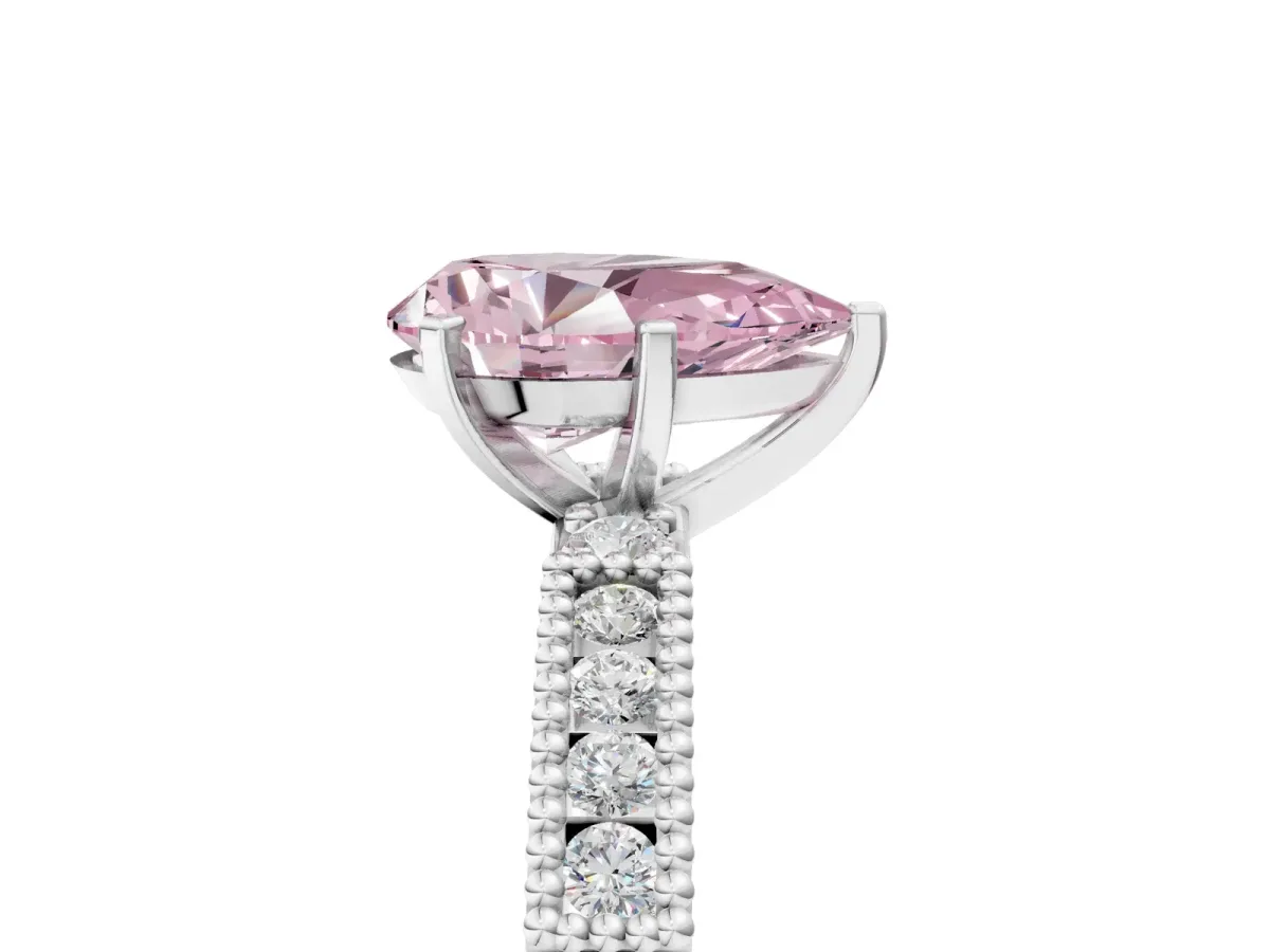 Fancy Pink Pear Cut Solitaire with Pavé Band and Four-Prong Setting Platinum
