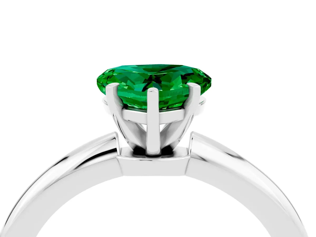 Heart Cut Emerald Solitaire Ring with Six-Prong Setting and Classic Band Silver