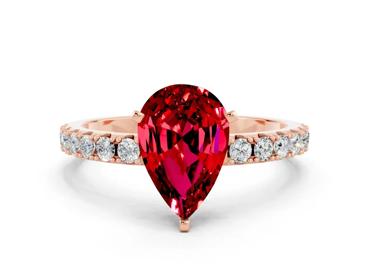 Pear Cut Ruby Solitaire Pavé Band with Four-Prong Setting Rose gold