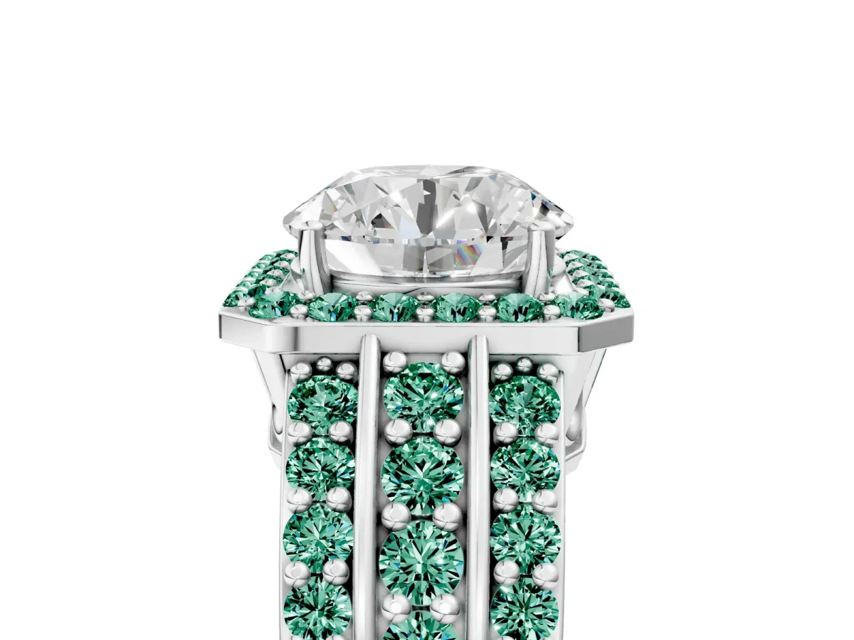 Round Cut Halo Diamond Ring with Round Green Sapphire Split Shank and Prong Setting Silver