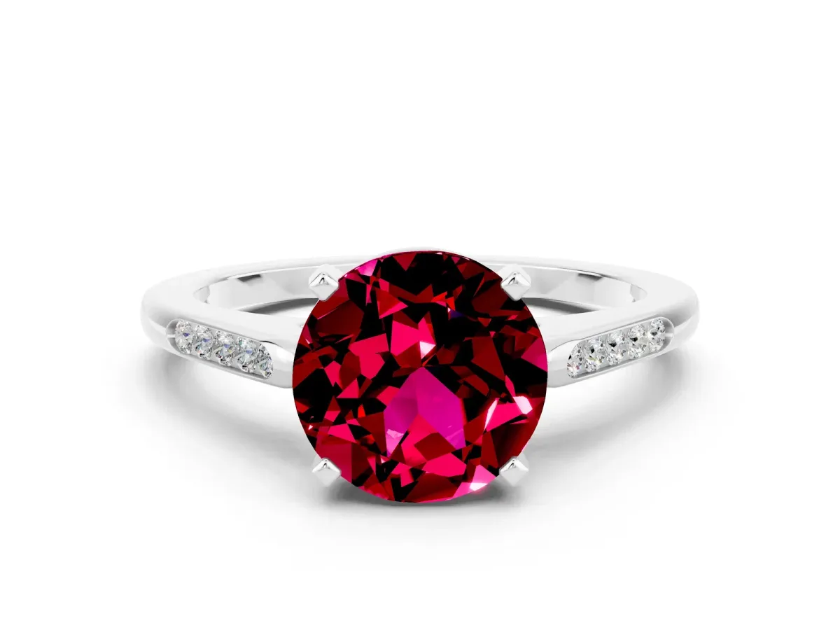 Round Cut Garnet Solitaire Ring with Channel Set Round Band and Prong Setting Platinum