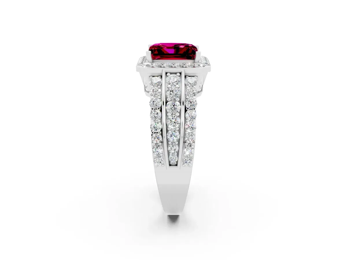 Princess Cut Halo Garnet Ring with Round Split Shank and Prong Setting White gold