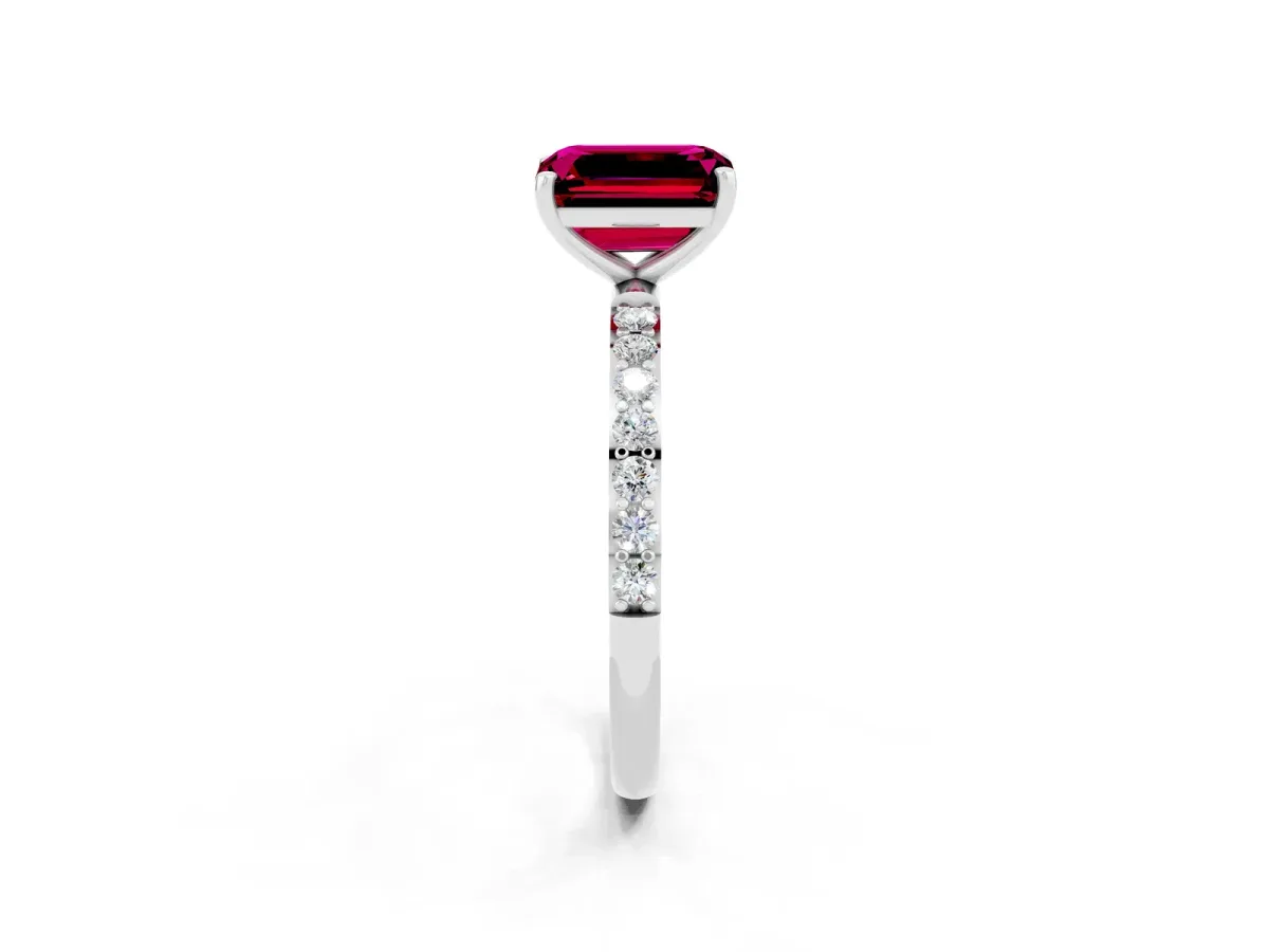 Emerald Cut Garnet Solitaire Ring with Round Pavé Band and Prong Setting Platinum
