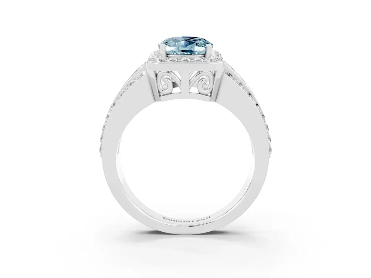 Oval Cut Halo Aquamarine Ring with Round Split Shank and Prong Setting Platinum