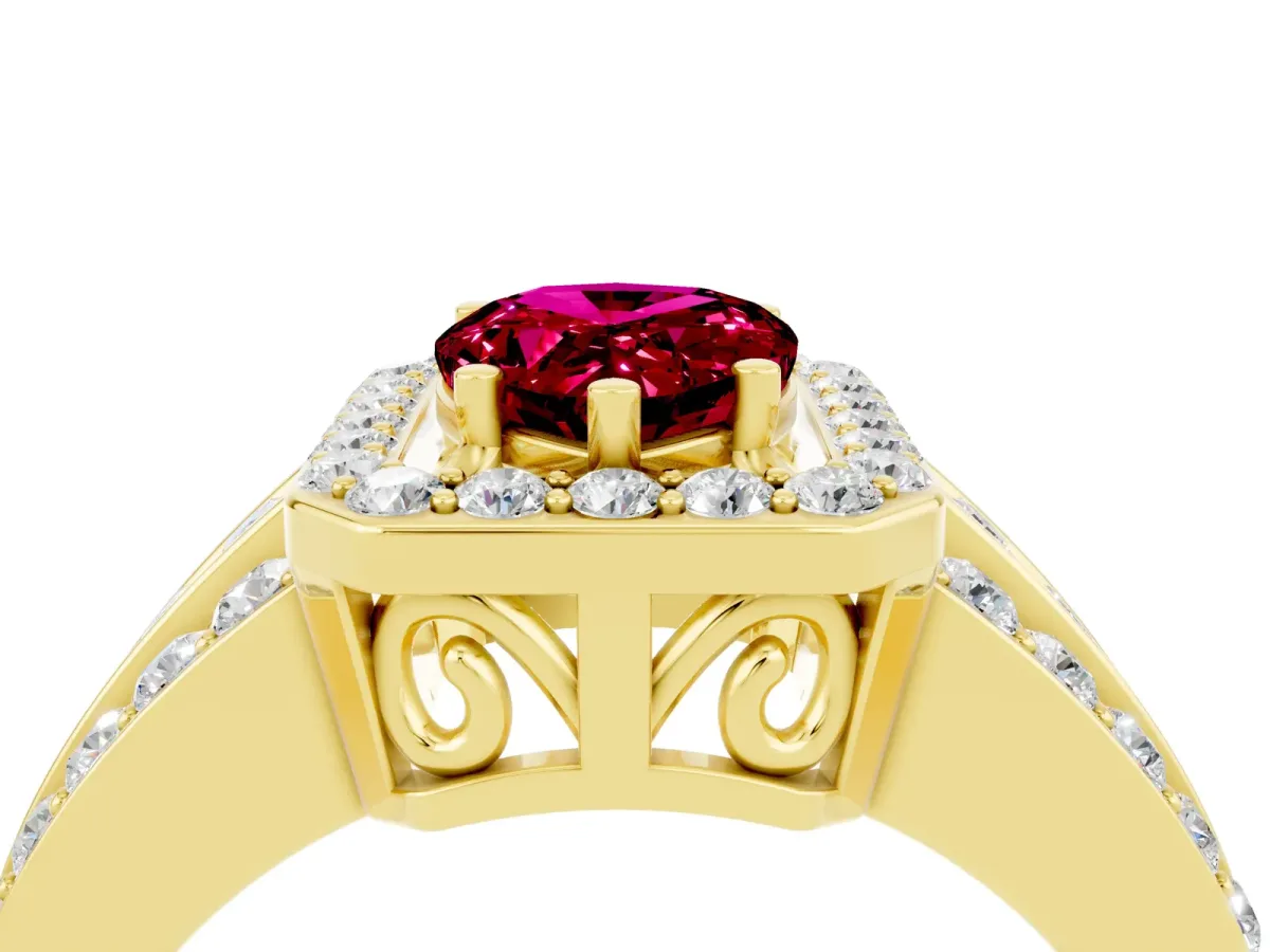 Pear Cut Halo Garnet Ring with Round Split Shank and Prong Setting Yellow gold