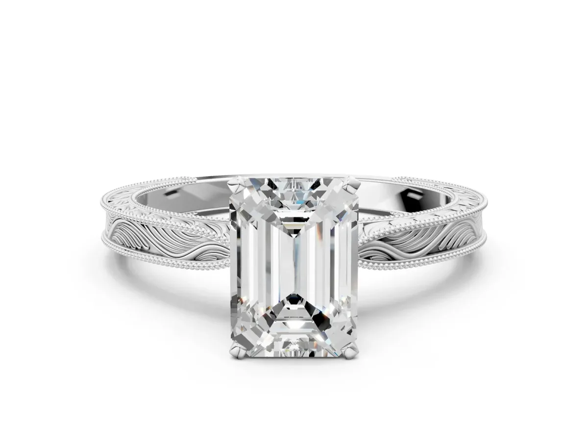 Emerald Cut Solitaire Milgrain Engraved Band with Four-Prong Setting White gold