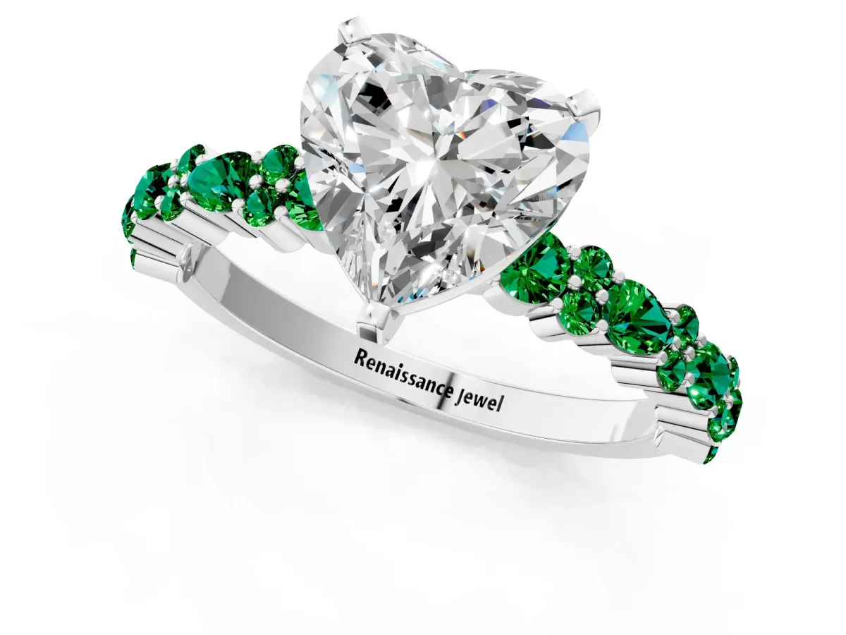 Heart Cut Diamond Side Stone Solitaire Ring with Round Emerald and Four-Prong Setting Platinum