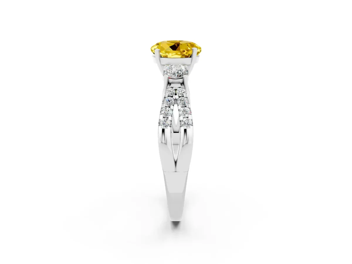 Round Cut Yellow Sapphire Three-Stone Ring with Pavé Split Shank and Four-Prong Setting Silver