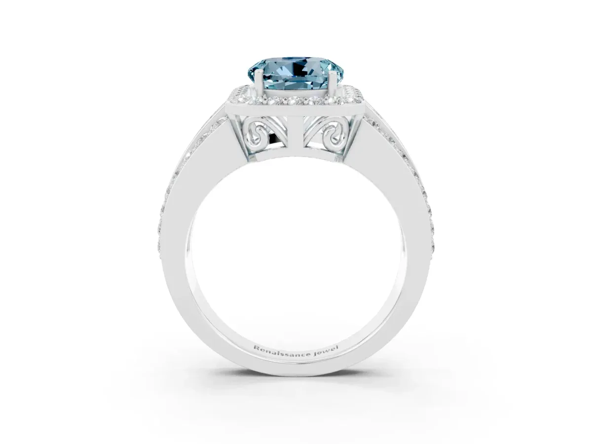 Round Cut Halo Aquamarine Ring with Round Split Shank and Prong Setting Platinum