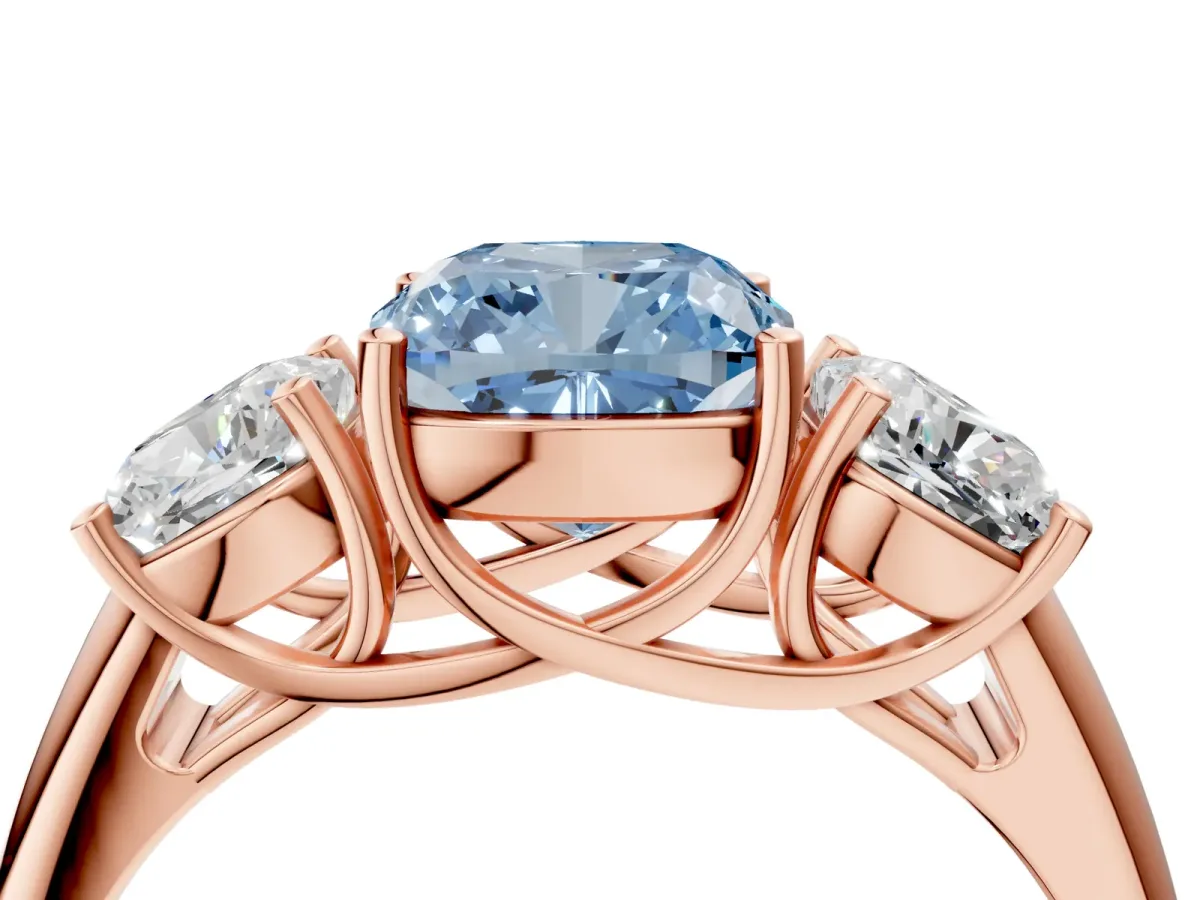 Fancy Blue Three-Stone Cushion Cut Diamond Engagement Ring with Prong Setting Rose gold