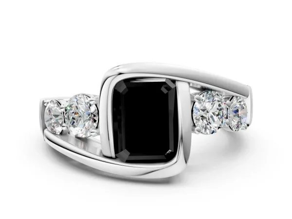 Fancy Black Bezel Set Emerald Cut Diamond Bypass Ring with Round Accents Platinum