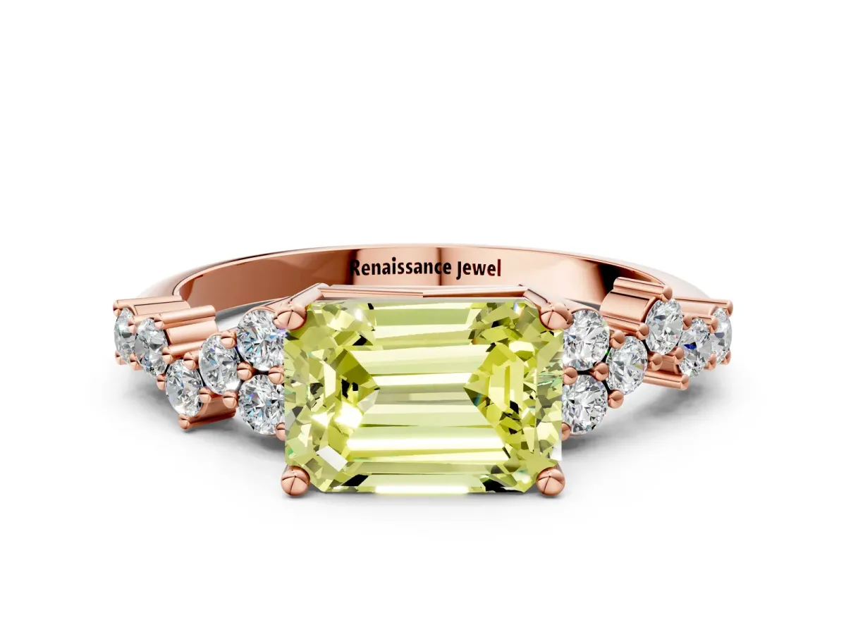 Fancy Yellow Emerald Cut Diamond Scattered Round Accent Ring with Prong Setting Rose gold