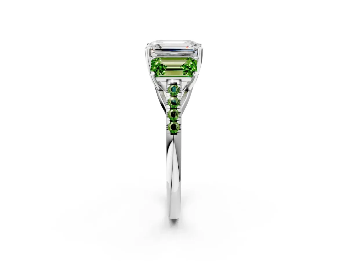 Three-Stone Emerald Cut Diamond Ring with Round Peridot Pavé Band and Prong Setting Platinum